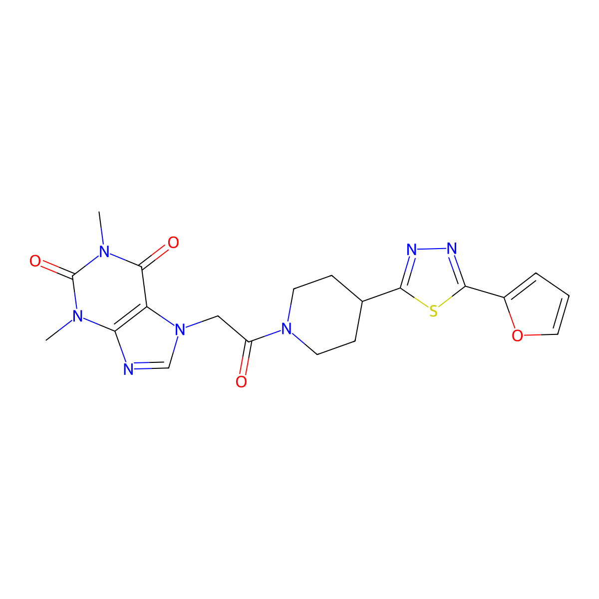 7-(2-(4-(5-(furan-2-yl)-1,3,4-thiadiazol-2-yl)piperidin-1-yl)-2-oxoethyl)-1,3-dimethyl-1H-purine-2,6(3H,7H)-dione molecular structure, CAS 1351631-00-9