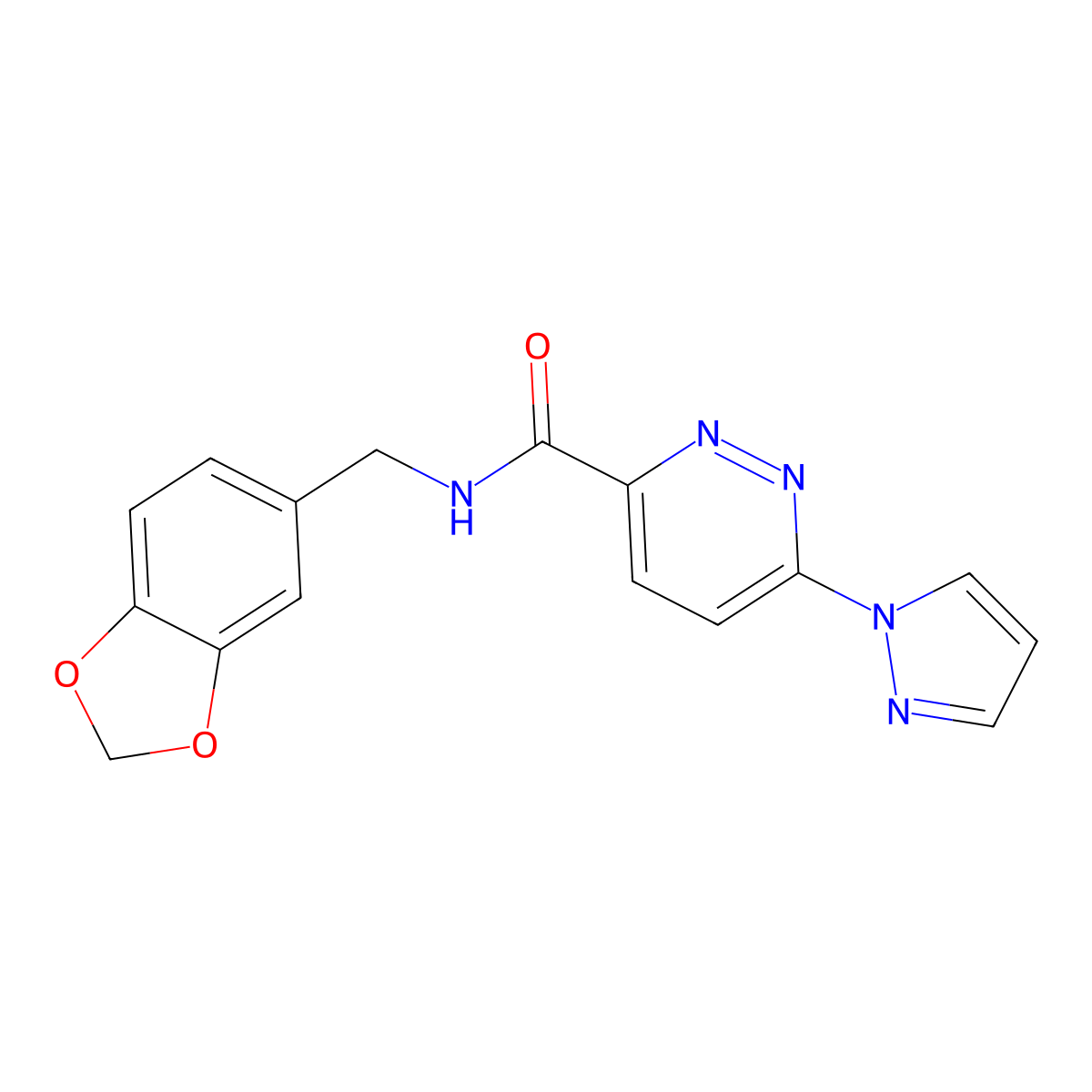 N-(benzo[d][1,3]dioxol-5-ylmethyl)-6-(1H-pyrazol-1-yl)pyridazine-3-carboxamide molecular structure, CAS 1351631-01-0