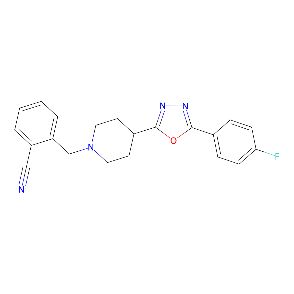 2-((4-(5-(4-Fluorophenyl)-1,3,4-oxadiazol-2-yl)piperidin-1-yl)methyl)benzonitrile molecular structure, CAS 1351631-04-3