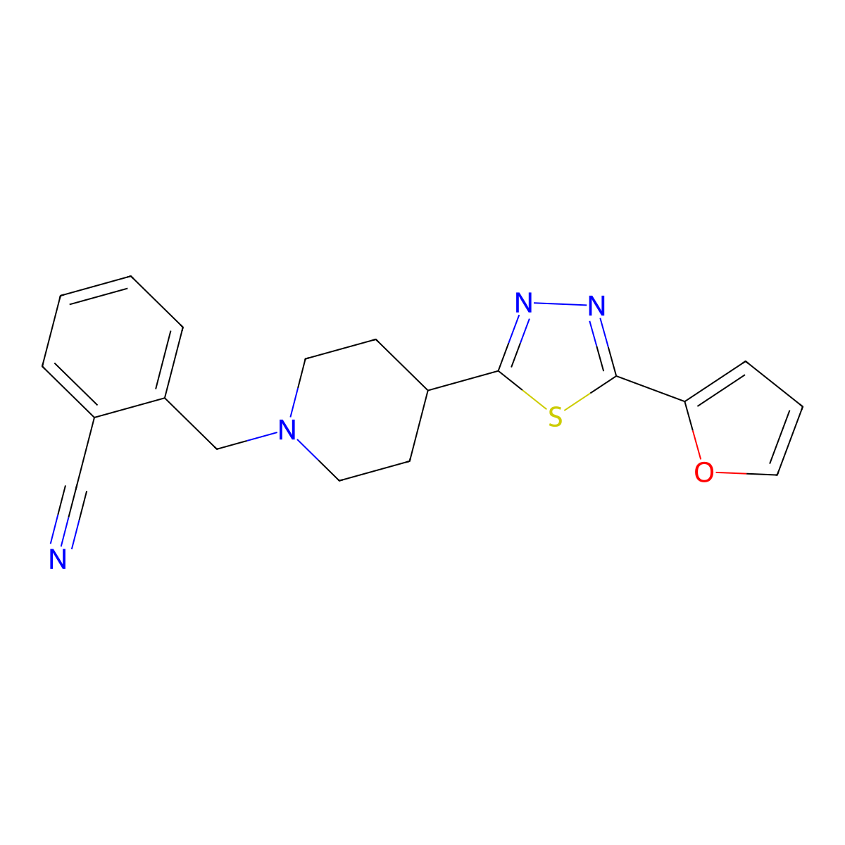 2-((4-(5-(Furan-2-yl)-1,3,4-thiadiazol-2-yl)piperidin-1-yl)methyl)benzonitrile molecular structure, CAS 1351631-10-1