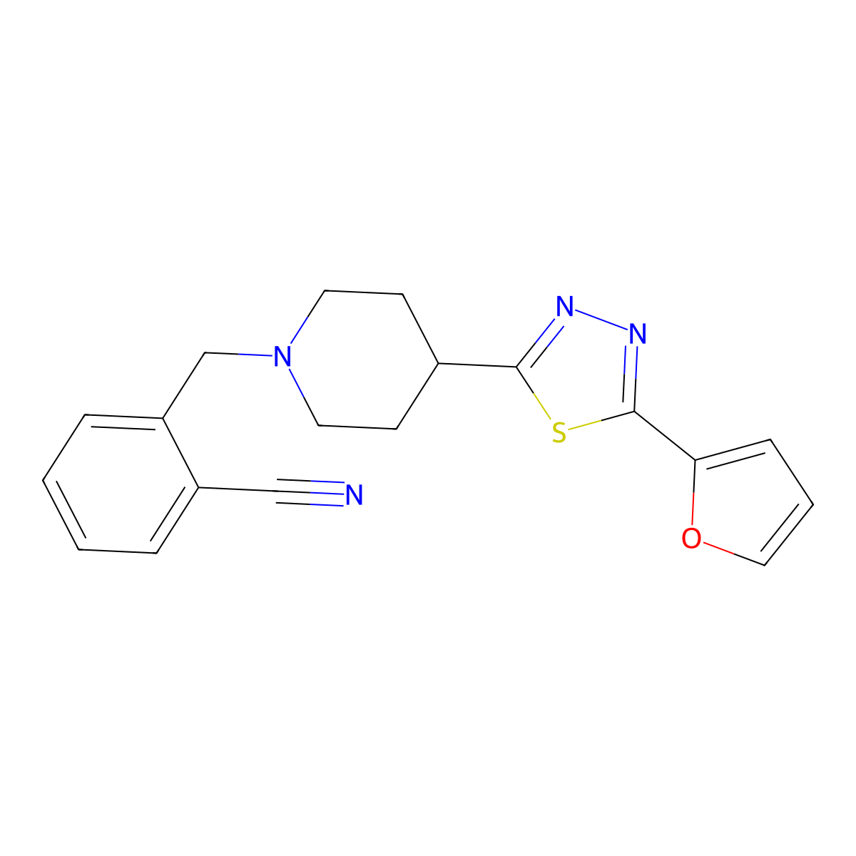 2-((4-(5-(Furan-2-yl)-1,3,4-thiadiazol-2-yl)piperidin-1-yl)methyl)benzonitrile molecular structure, CAS 1351631-10-1