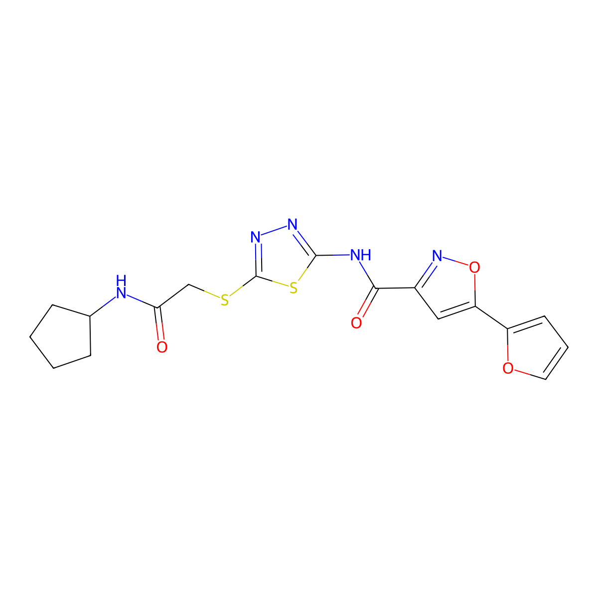 N-(5-((2-(cyclopentylamino)-2-oxoethyl)thio)-1,3,4-thiadiazol-2-yl)-5-(furan-2-yl)isoxazole-3-carboxamide molecular structure, CAS 1351631-13-4