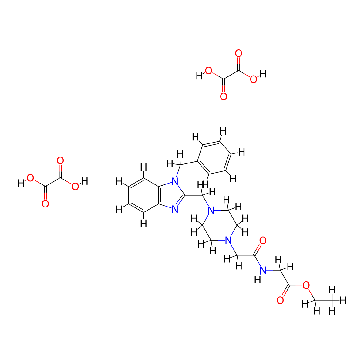 ethyl 2-(2-(4-((1-benzyl-1H-benzo[d]imidazol-2-yl)methyl)piperazin-1-yl)acetamido)acetate dioxalate molecular structure, CAS 1351631-30-5