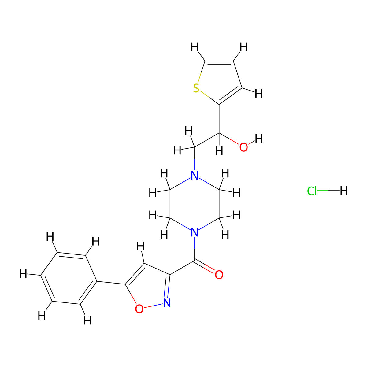 (4-(2-Hydroxy-2-(thiophen-2-yl)ethyl)piperazin-1-yl)(5-phenylisoxazol-3-yl)methanone hydrochloride molecular structure, CAS 1351631-32-7
