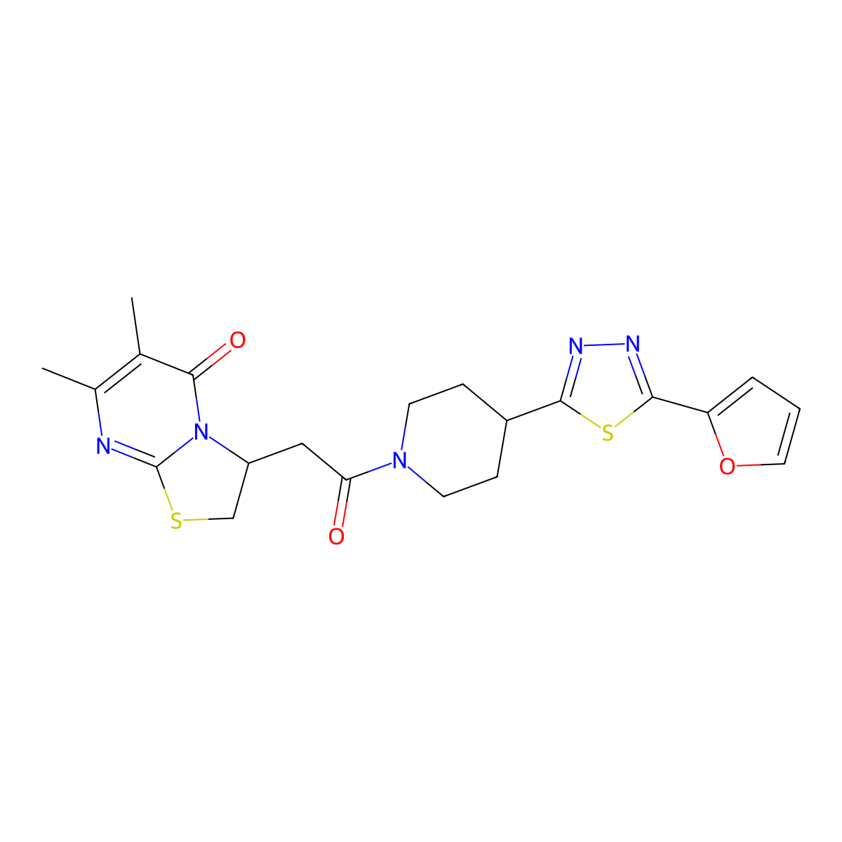 3-(2-(4-(5-(furan-2-yl)-1,3,4-thiadiazol-2-yl)piperidin-1-yl)-2-oxoethyl)-6,7-dimethyl-2H-thiazolo[3,2-a]pyrimidin-5(3H)-one molecular structure, CAS 1351631-45-2