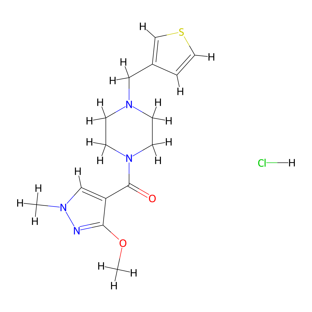 (3-methoxy-1-methyl-1H-pyrazol-4-yl)(4-(thiophen-3-ylmethyl)piperazin-1-yl)methanone hydrochloride molecular structure, CAS 1351631-48-5