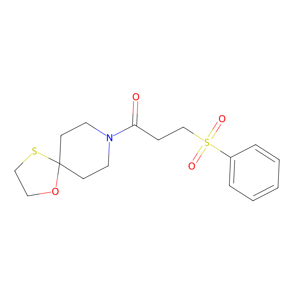 3-(Phenylsulfonyl)-1-(1-oxa-4-thia-8-azaspiro[4.5]decan-8-yl)propan-1-one molecular structure, CAS 1351631-50-9