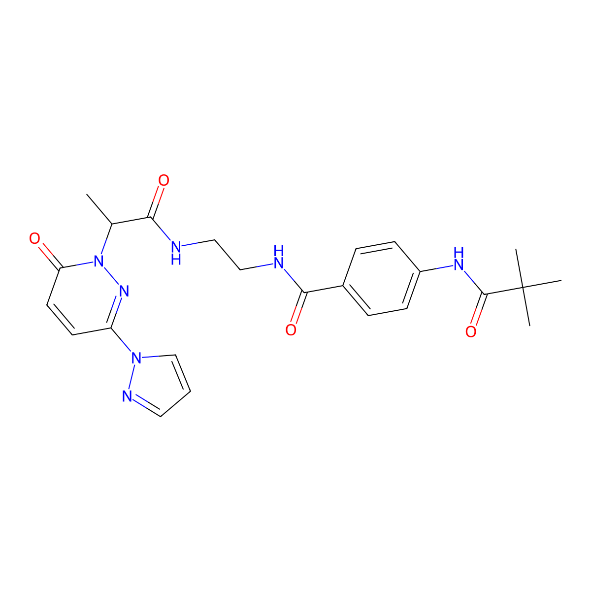 N-(2-(2-(6-oxo-3-(1H-pyrazol-1-yl)pyridazin-1(6H)-yl)propanamido)ethyl)-4-pivalamidobenzamide molecular structure, CAS 1351631-65-6