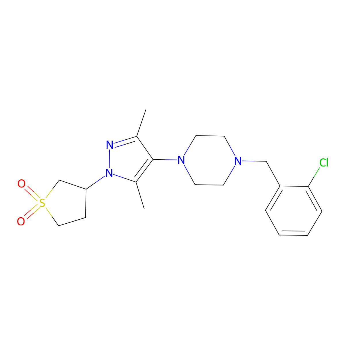 3-(4-(4-(2-chlorobenzyl)piperazin-1-yl)-3,5-dimethyl-1H-pyrazol-1-yl)tetrahydrothiophene 1,1-dioxide molecular structure, CAS 1351631-87-2