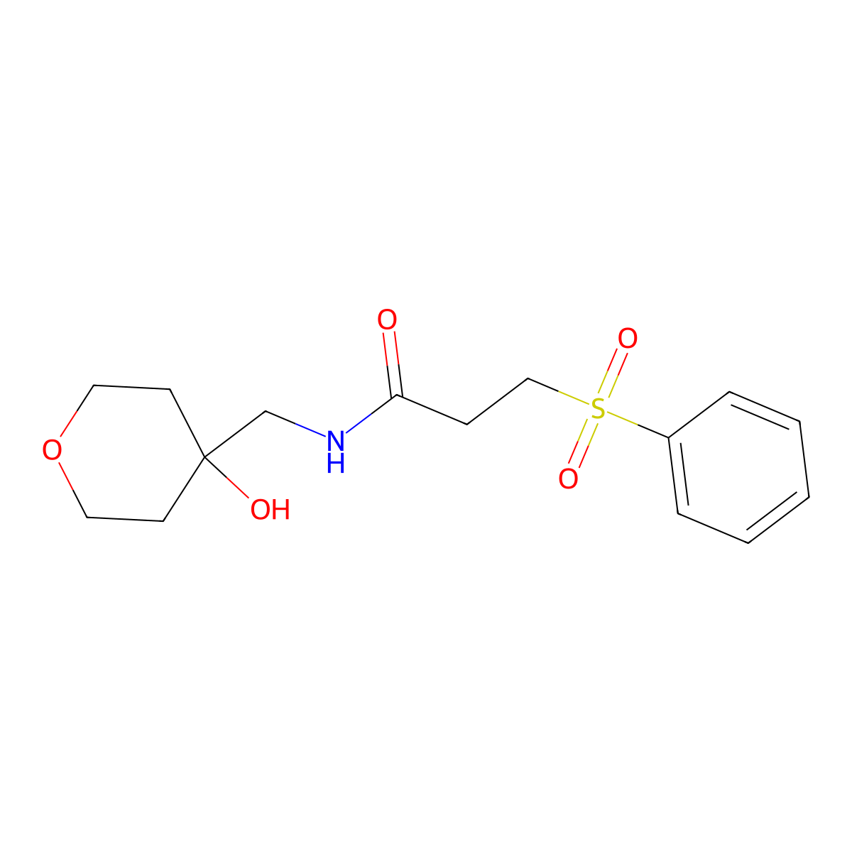 N-((4-hydroxytetrahydro-2H-pyran-4-yl)methyl)-3-(phenylsulfonyl)propanamide molecular structure, CAS 1351631-88-3