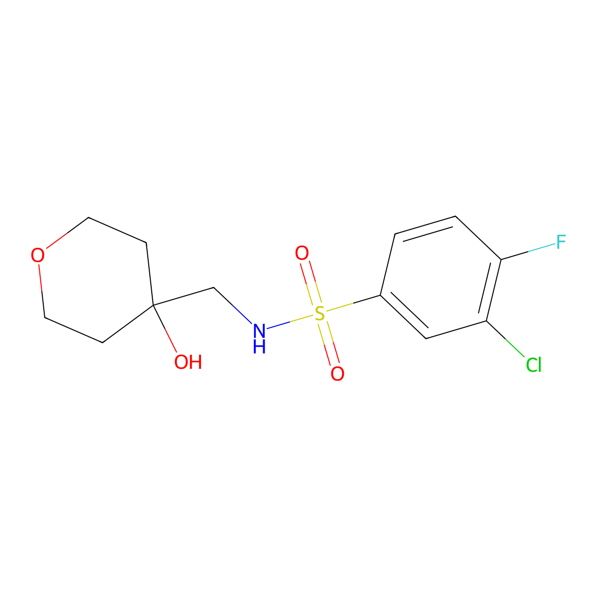 3-chloro-4-fluoro-N-((4-hydroxytetrahydro-2H-pyran-4-yl)methyl)benzenesulfonamide molecular structure, CAS 1351632-01-3