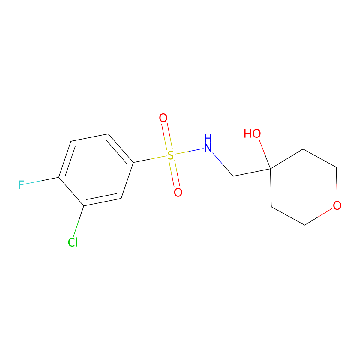 3-chloro-4-fluoro-N-((4-hydroxytetrahydro-2H-pyran-4-yl)methyl)benzenesulfonamide molecular structure, CAS 1351632-01-3