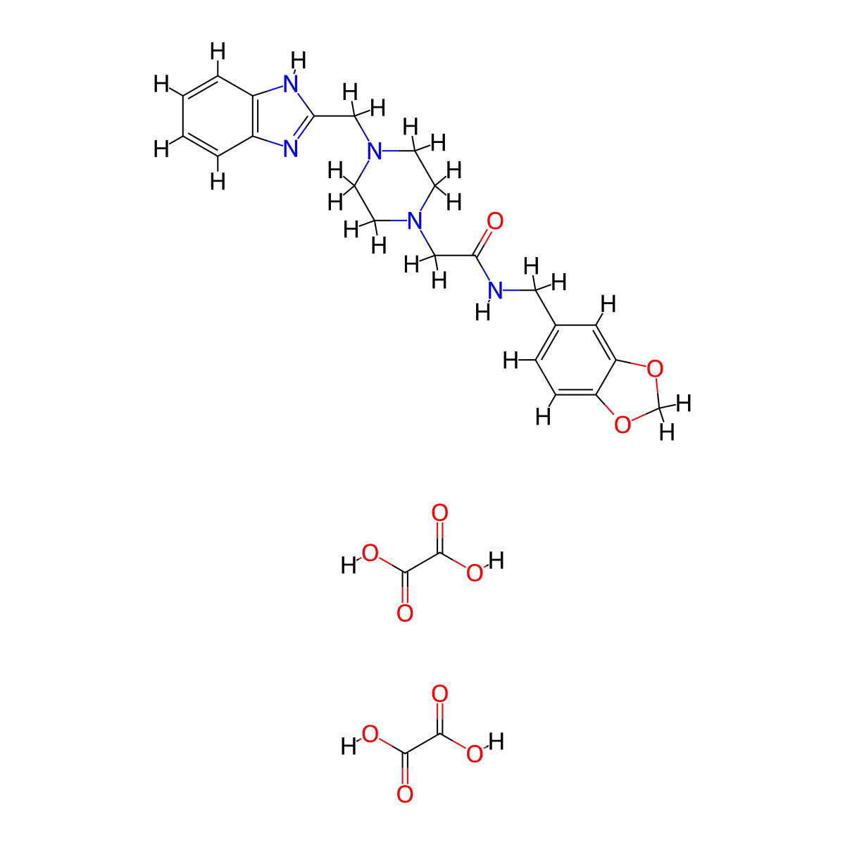 2-(4-((1H-benzo[d]imidazol-2-yl)methyl)piperazin-1-yl)-N-(benzo[d][1,3]dioxol-5-ylmethyl)acetamide dioxalate molecular structure, CAS 1351632-03-5