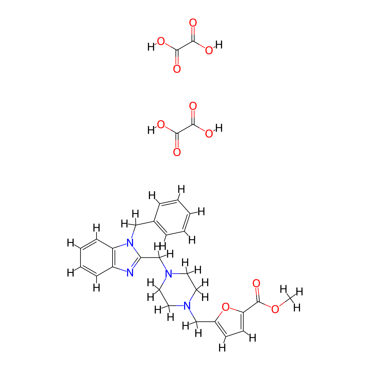 methyl 5-((4-((1-benzyl-1H-benzo[d]imidazol-2-yl)methyl)piperazin-1-yl)methyl)furan-2-carboxylate dioxalate molecular structure, CAS 1351632-08-0