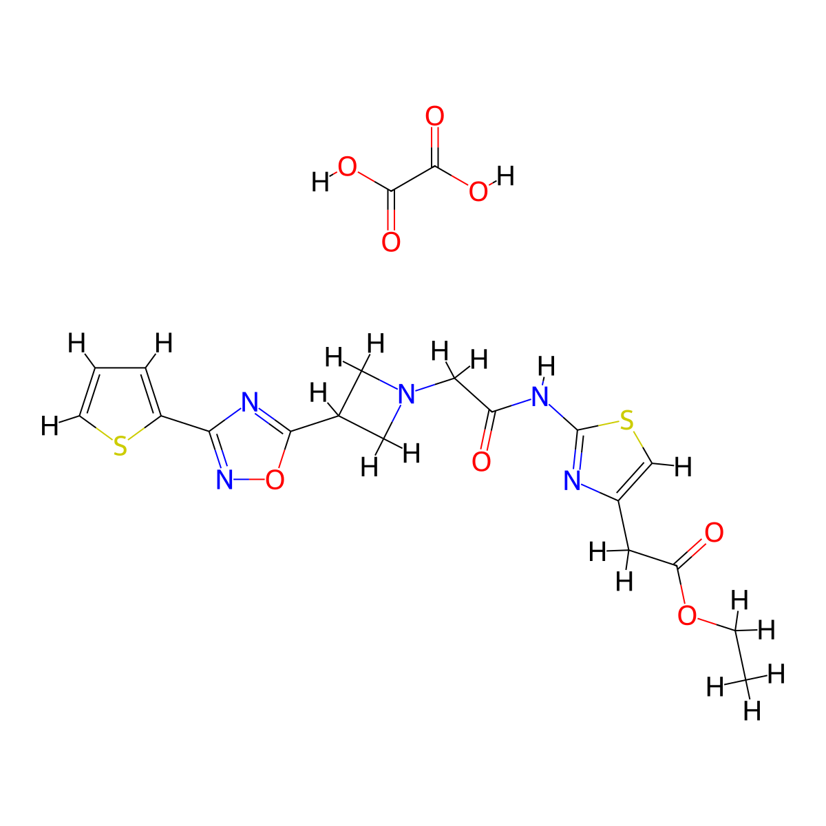 Ethyl 2-(2-(2-(3-(3-(thiophen-2-yl)-1,2,4-oxadiazol-5-yl)azetidin-1-yl)acetamido)thiazol-4-yl)acetate oxalate molecular structure, CAS 1351632-11-5