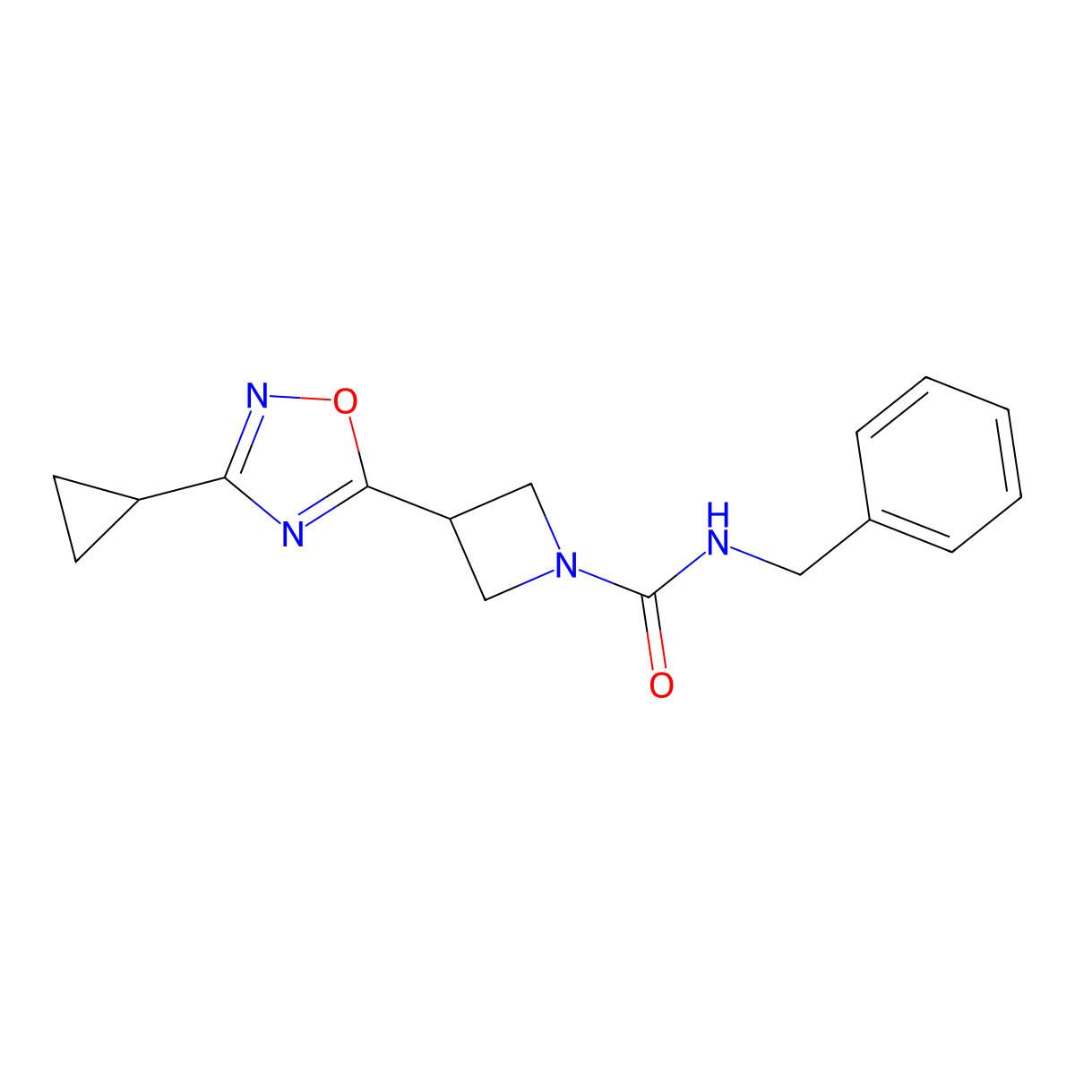 N-benzyl-3-(3-cyclopropyl-1,2,4-oxadiazol-5-yl)azetidine-1-carboxamide molecular structure, CAS 1351632-34-2