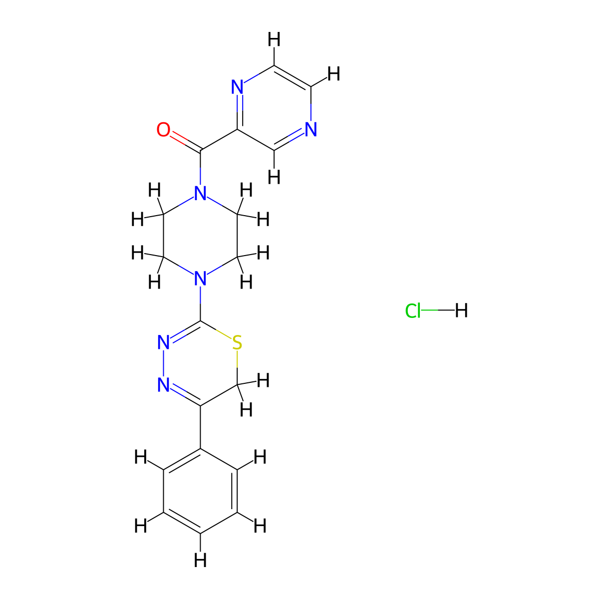 (4-(5-phenyl-6H-1,3,4-thiadiazin-2-yl)piperazin-1-yl)(pyrazin-2-yl)methanone hydrochloride molecular structure, CAS 1351632-38-6