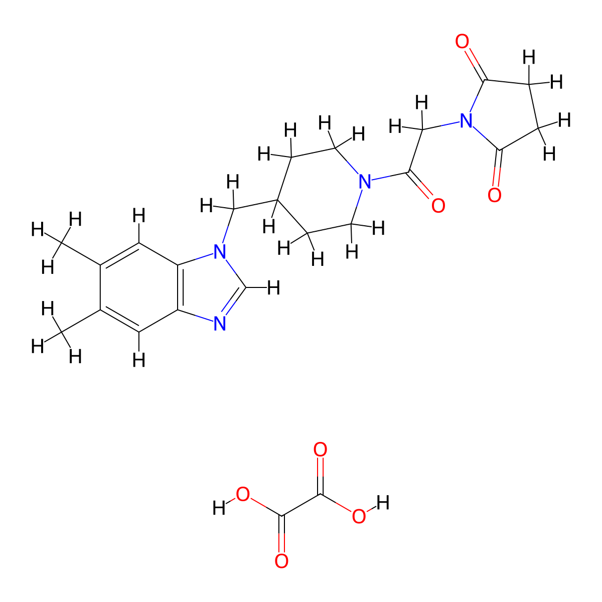 1-(2-(4-((5,6-dimethyl-1H-benzo[d]imidazol-1-yl)methyl)piperidin-1-yl)-2-oxoethyl)pyrrolidine-2,5-dione oxalate molecular structure, CAS 1351632-39-7