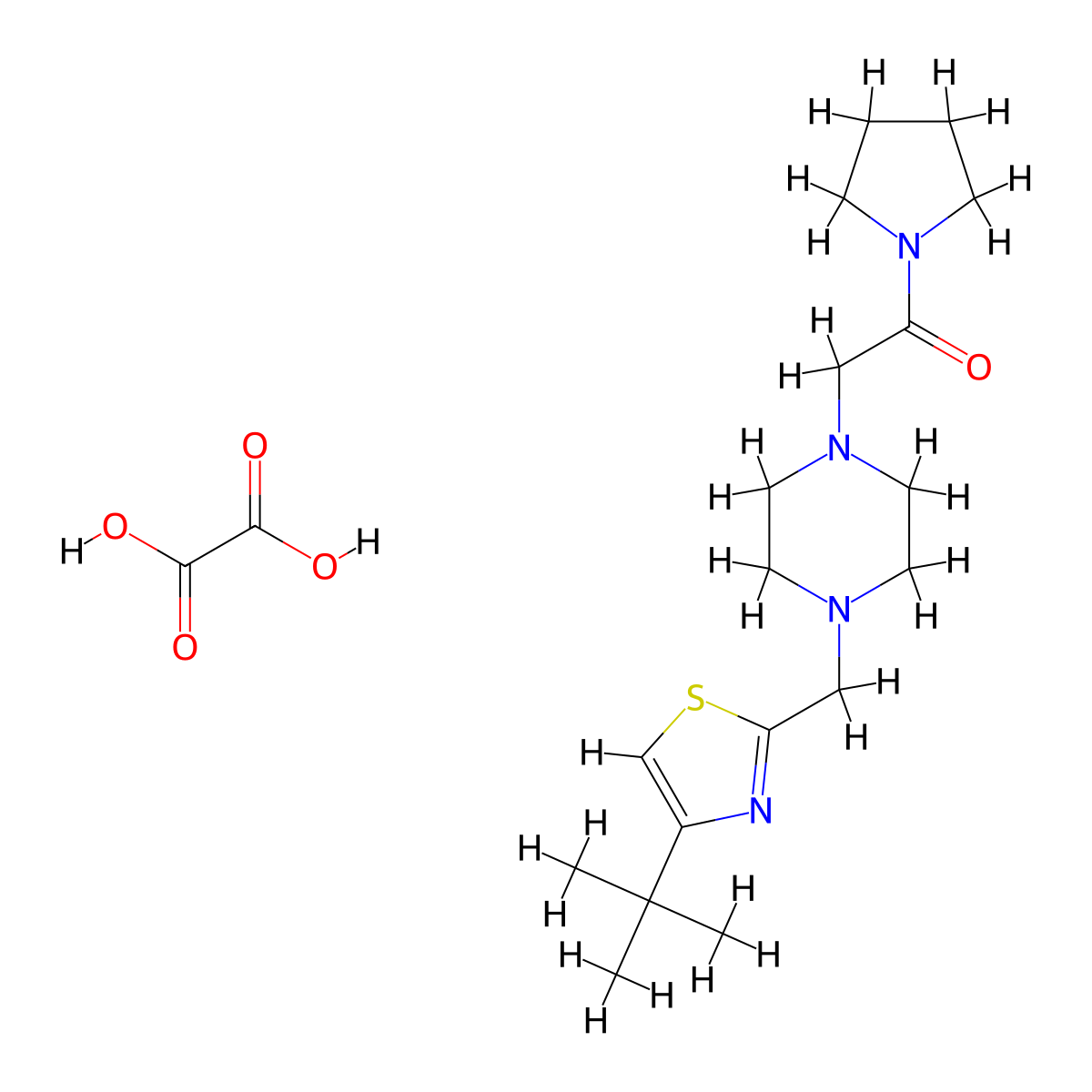 2-(4-((4-(Tert-butyl)thiazol-2-yl)methyl)piperazin-1-yl)-1-(pyrrolidin-1-yl)ethanone oxalate molecular structure, CAS 1351633-23-2