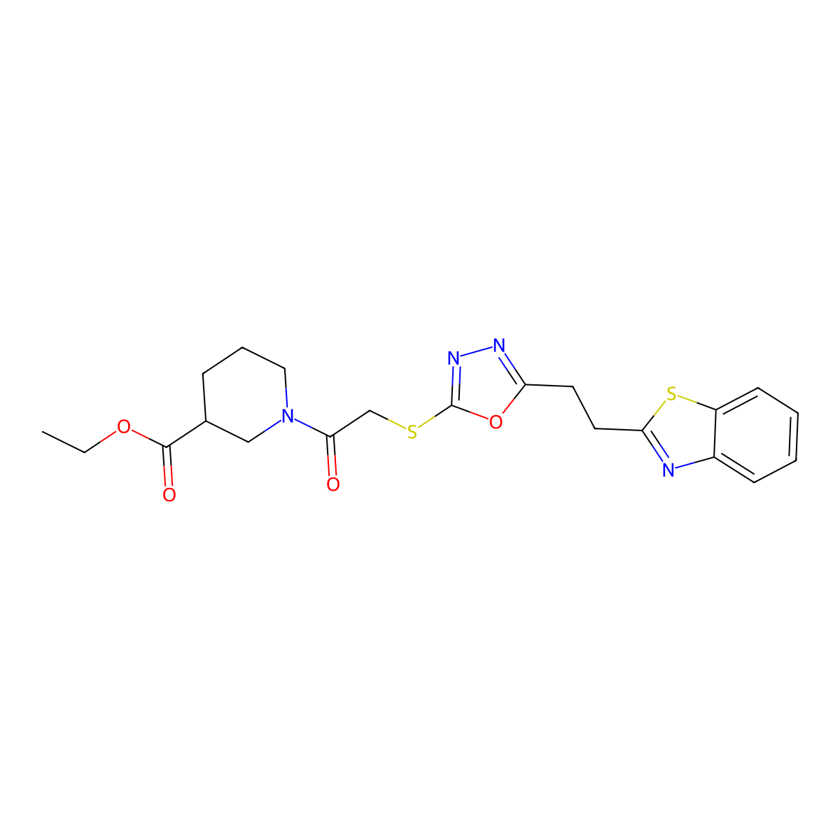 Ethyl 1-[2-({5-[2-(1,3-benzothiazol-2-yl)ethyl]-1,3,4-oxadiazol-2-yl}sulfanyl)acetyl]piperidine-3-carboxylate molecular structure, CAS 1351633-29-8
