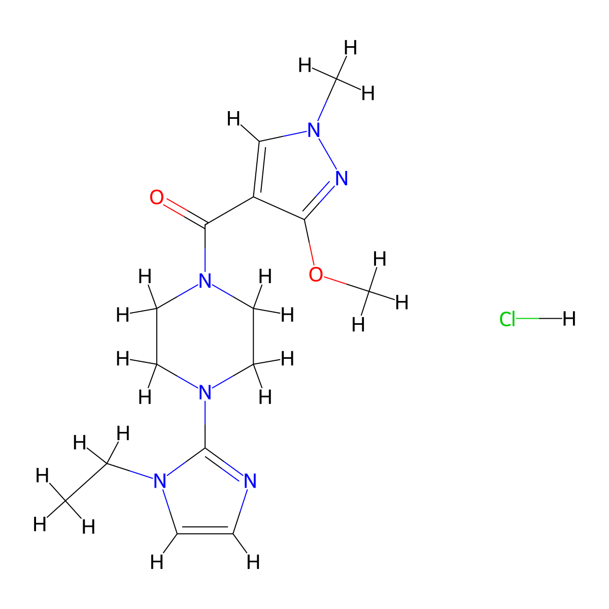 (4-(1-ethyl-1H-imidazol-2-yl)piperazin-1-yl)(3-methoxy-1-methyl-1H-pyrazol-4-yl)methanone hydrochloride molecular structure, CAS 1351633-34-5