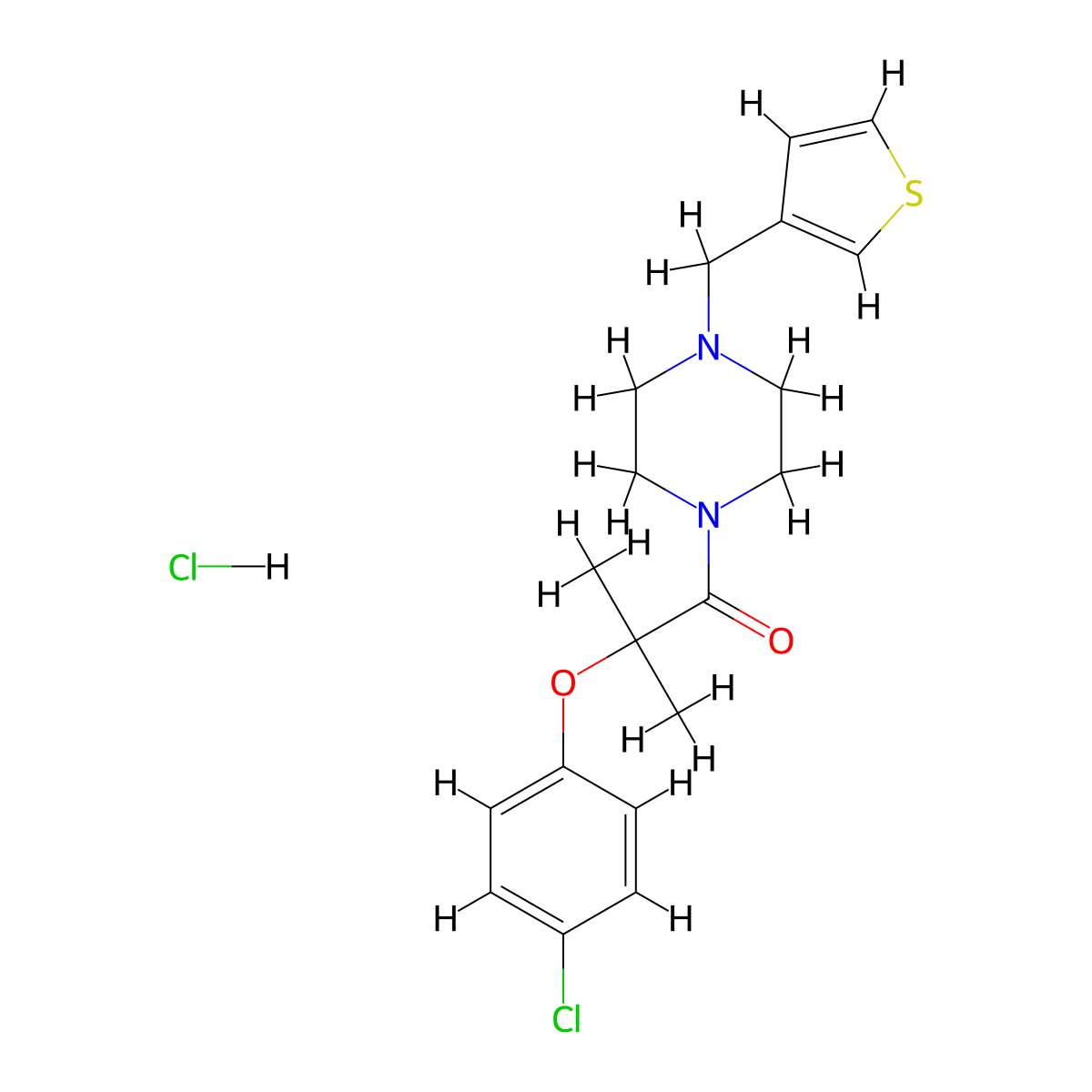 2-(4-Chlorophenoxy)-2-methyl-1-(4-(thiophen-3-ylmethyl)piperazin-1-yl)propan-1-one hydrochloride molecular structure, CAS 1351633-39-0