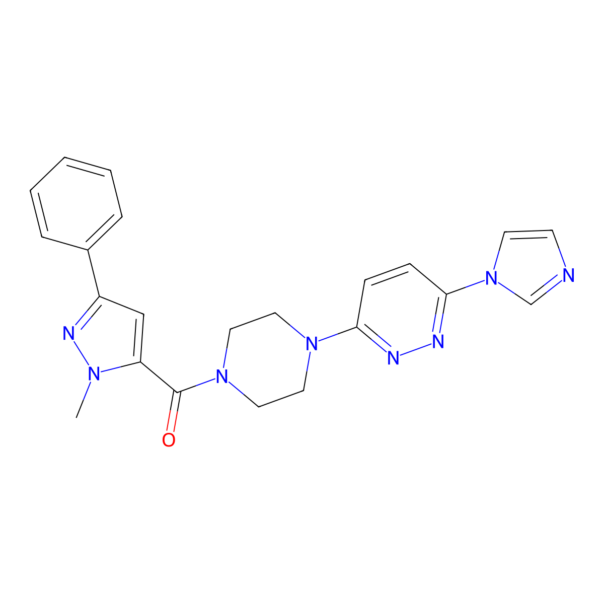 (4-(6-(1H-imidazol-1-yl)pyridazin-3-yl)piperazin-1-yl)(1-methyl-3-phenyl-1H-pyrazol-5-yl)methanone molecular structure, CAS 1351633-46-9