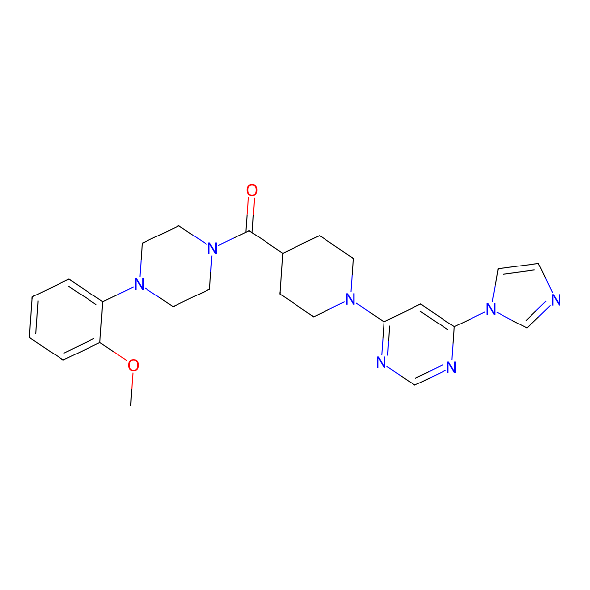 (1-(6-(1H-imidazol-1-yl)pyrimidin-4-yl)piperidin-4-yl)(4-(2-methoxyphenyl)piperazin-1-yl)methanone molecular structure, CAS 1351633-54-9