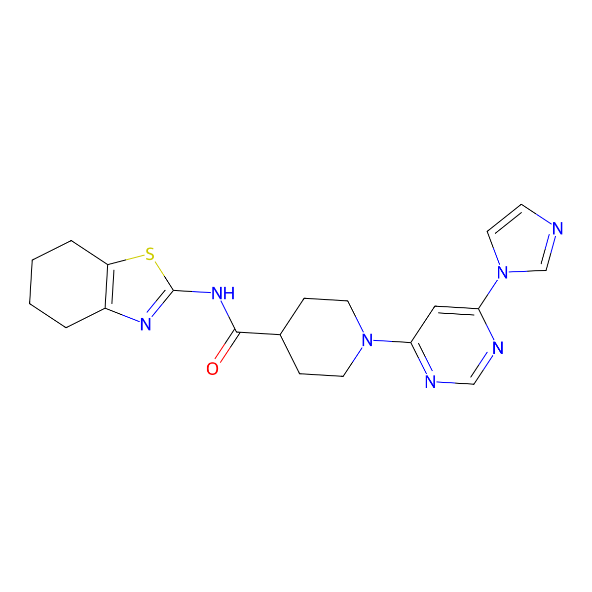 1-(6-(1H-imidazol-1-yl)pyrimidin-4-yl)-N-(4,5,6,7-tetrahydrobenzo[d]thiazol-2-yl)piperidine-4-carboxamide molecular structure, CAS 1351633-65-2