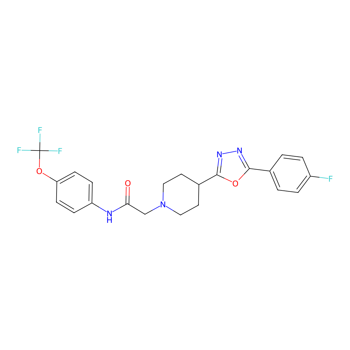 2-(4-(5-(4-fluorophenyl)-1,3,4-oxadiazol-2-yl)piperidin-1-yl)-N-(4-(trifluoromethoxy)phenyl)acetamide molecular structure, CAS 1351633-67-4