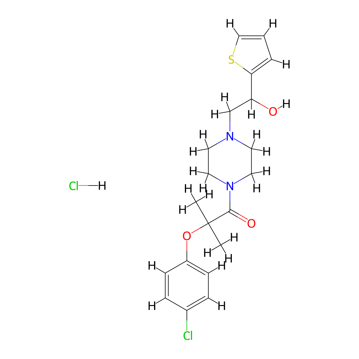 2-(4-Chlorophenoxy)-1-(4-(2-hydroxy-2-(thiophen-2-yl)ethyl)piperazin-1-yl)-2-methylpropan-1-one hydrochloride molecular structure, CAS 1351633-69-6
