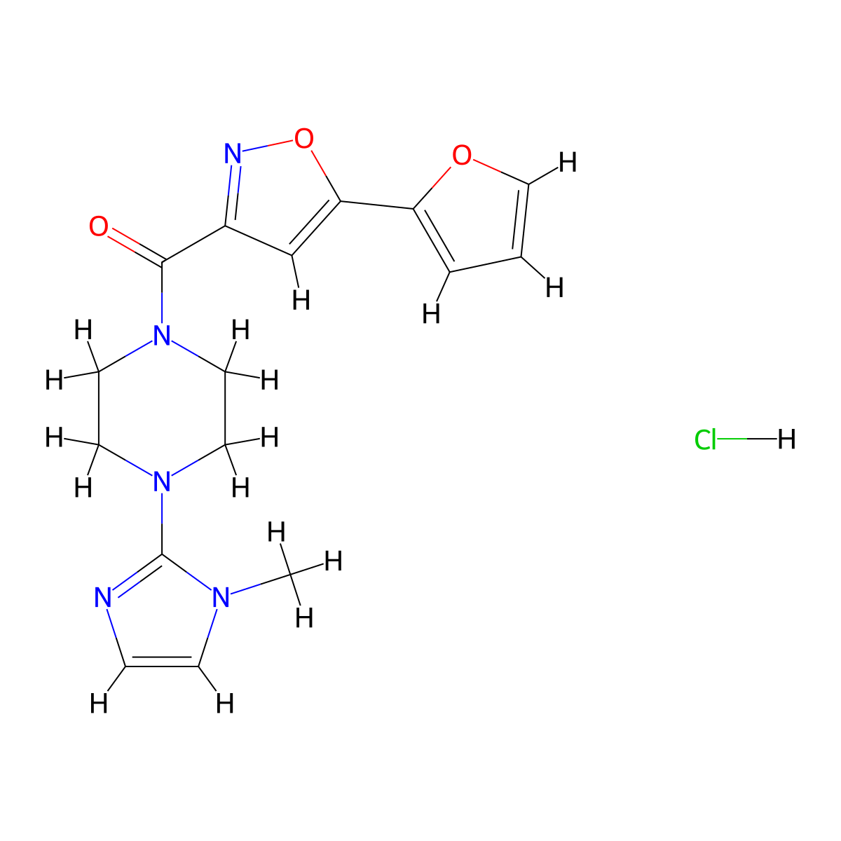 (5-(furan-2-yl)isoxazol-3-yl)(4-(1-methyl-1H-imidazol-2-yl)piperazin-1-yl)methanone hydrochloride molecular structure, CAS 1351633-93-6