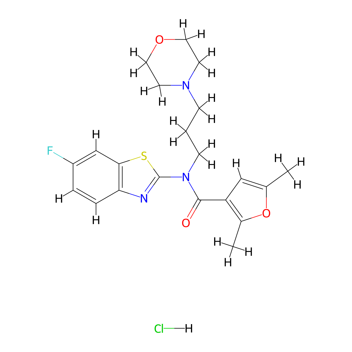 N-(6-fluorobenzo[d]thiazol-2-yl)-2,5-dimethyl-N-(3-morpholinopropyl)furan-3-carboxamide hydrochloride molecular structure, CAS 1351633-98-1