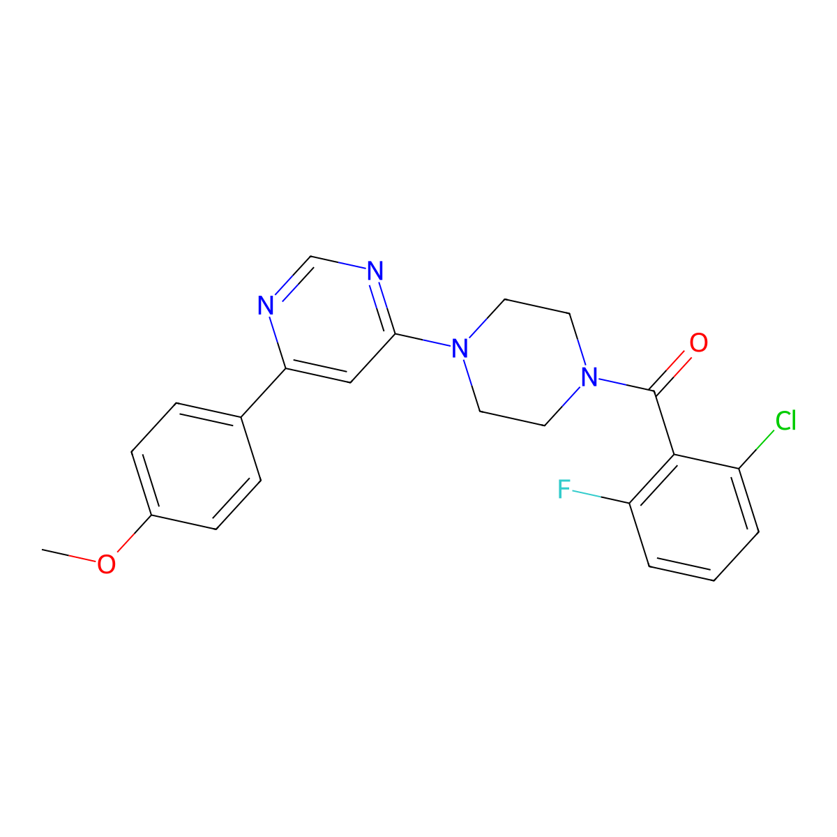 (2-Chloro-6-fluorophenyl)(4-(6-(4-methoxyphenyl)pyrimidin-4-yl)piperazin-1-yl)methanone molecular structure, CAS 1351634-08-6