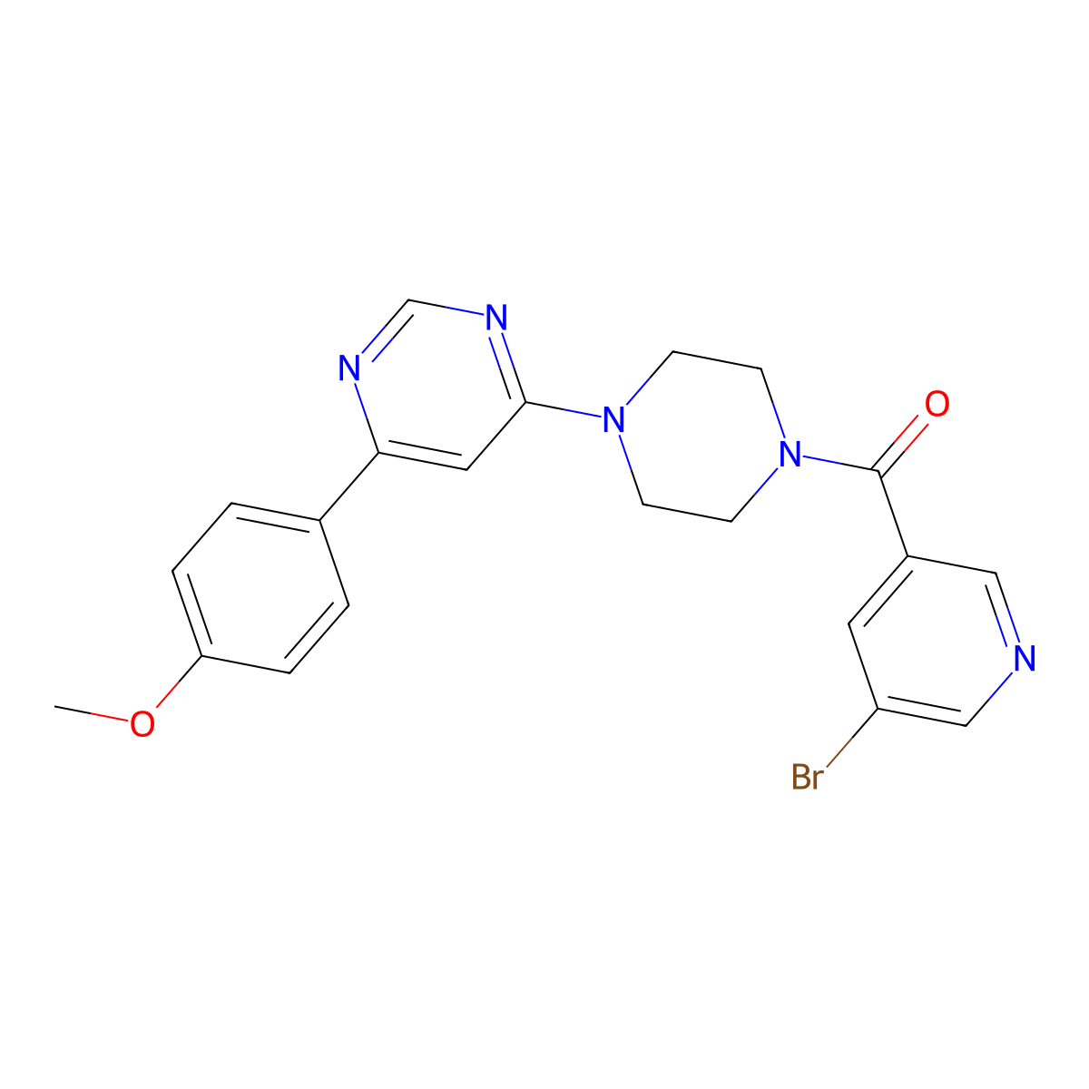 (5-Bromopyridin-3-yl)(4-(6-(4-methoxyphenyl)pyrimidin-4-yl)piperazin-1-yl)methanone molecular structure, CAS 1351634-15-5