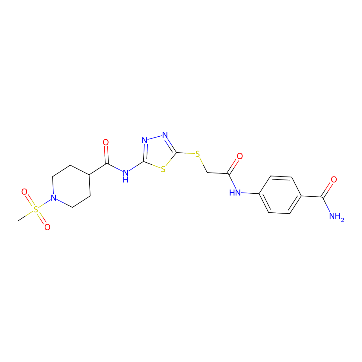 N-[5-({[(4-carbamoylphenyl)carbamoyl]methyl}sulfanyl)-1,3,4-thiadiazol-2-yl]-1-methanesulfonylpiperidine-4-carboxamide molecular structure, CAS 1351634-27-9
