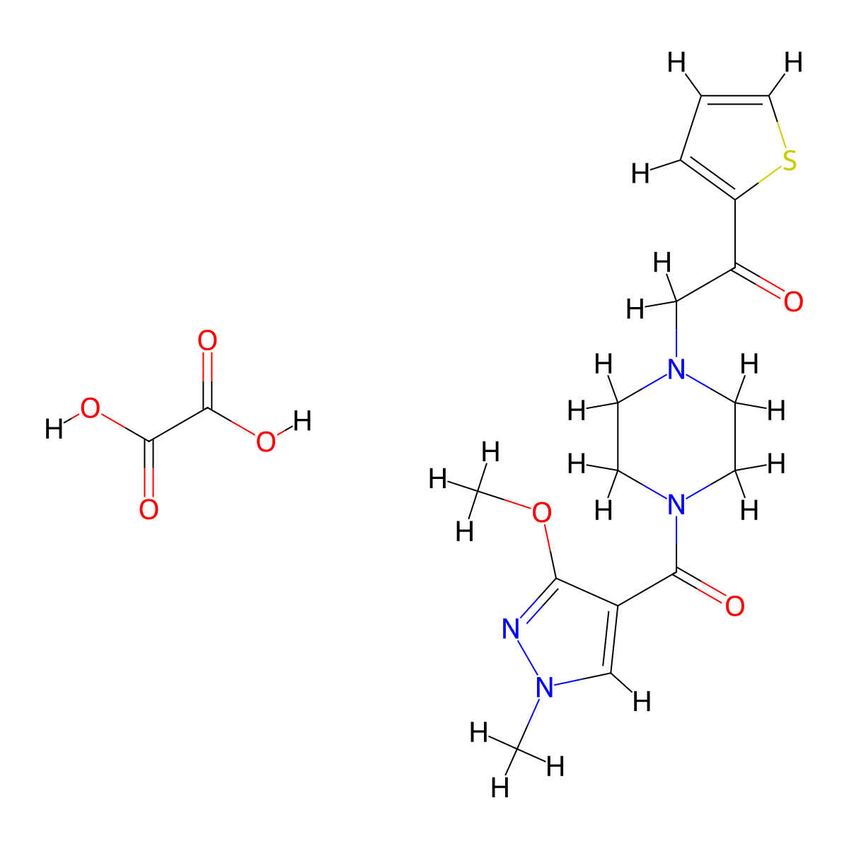 2-(4-(3-methoxy-1-methyl-1H-pyrazole-4-carbonyl)piperazin-1-yl)-1-(thiophen-2-yl)ethanone oxalate molecular structure, CAS 1351634-31-5