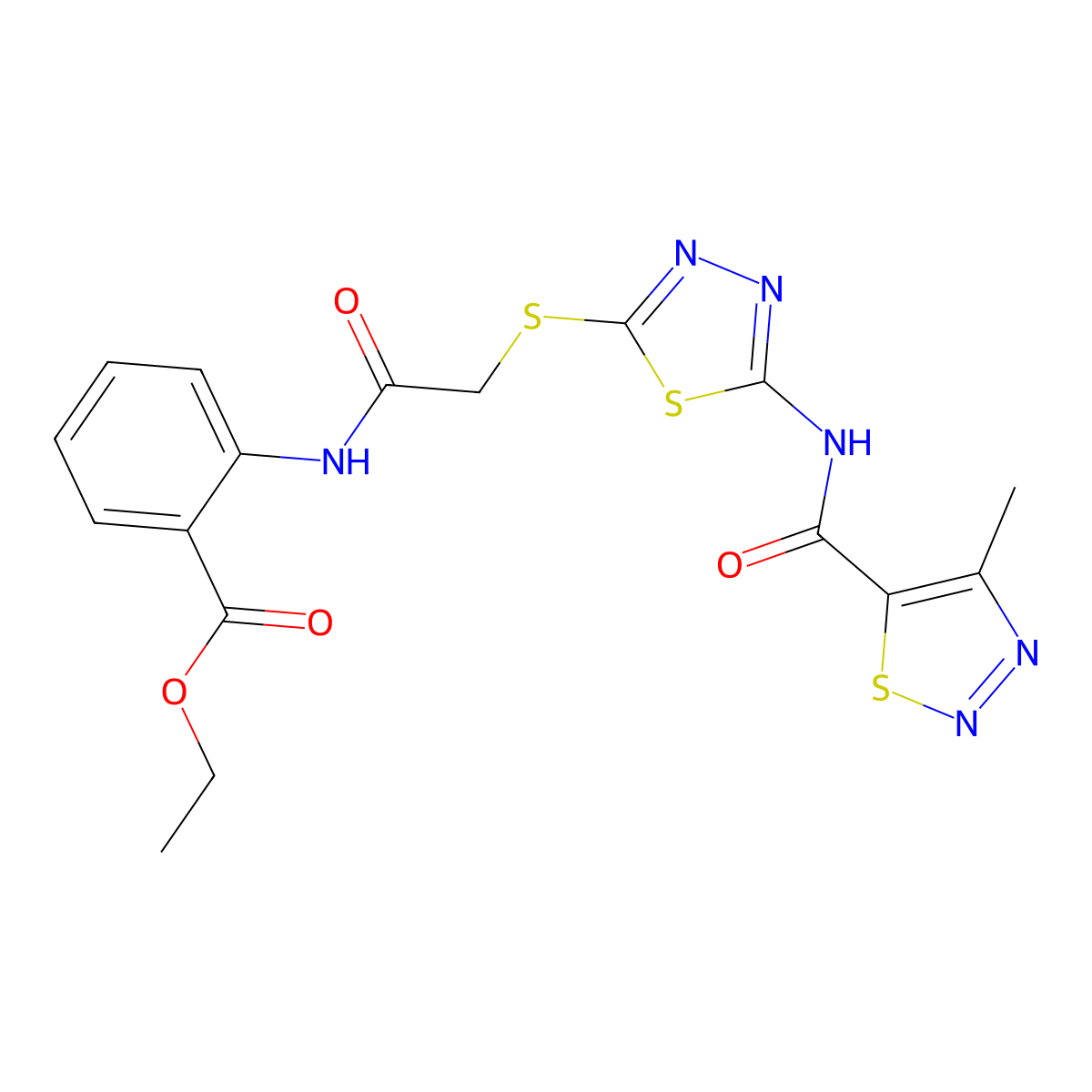 Ethyl 2-(2-((5-(4-methyl-1,2,3-thiadiazole-5-carboxamido)-1,3,4-thiadiazol-2-yl)thio)acetamido)benzoate molecular structure, CAS 1351634-37-1