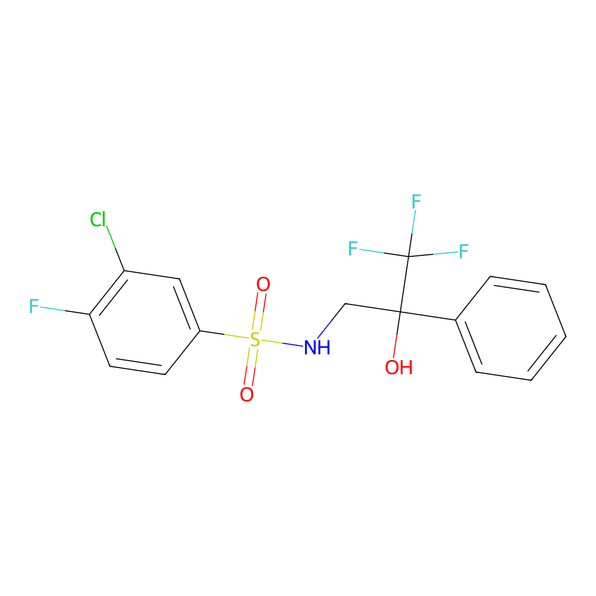 3-chloro-4-fluoro-N-(3,3,3-trifluoro-2-hydroxy-2-phenylpropyl)benzenesulfonamide molecular structure, CAS 1351634-41-7