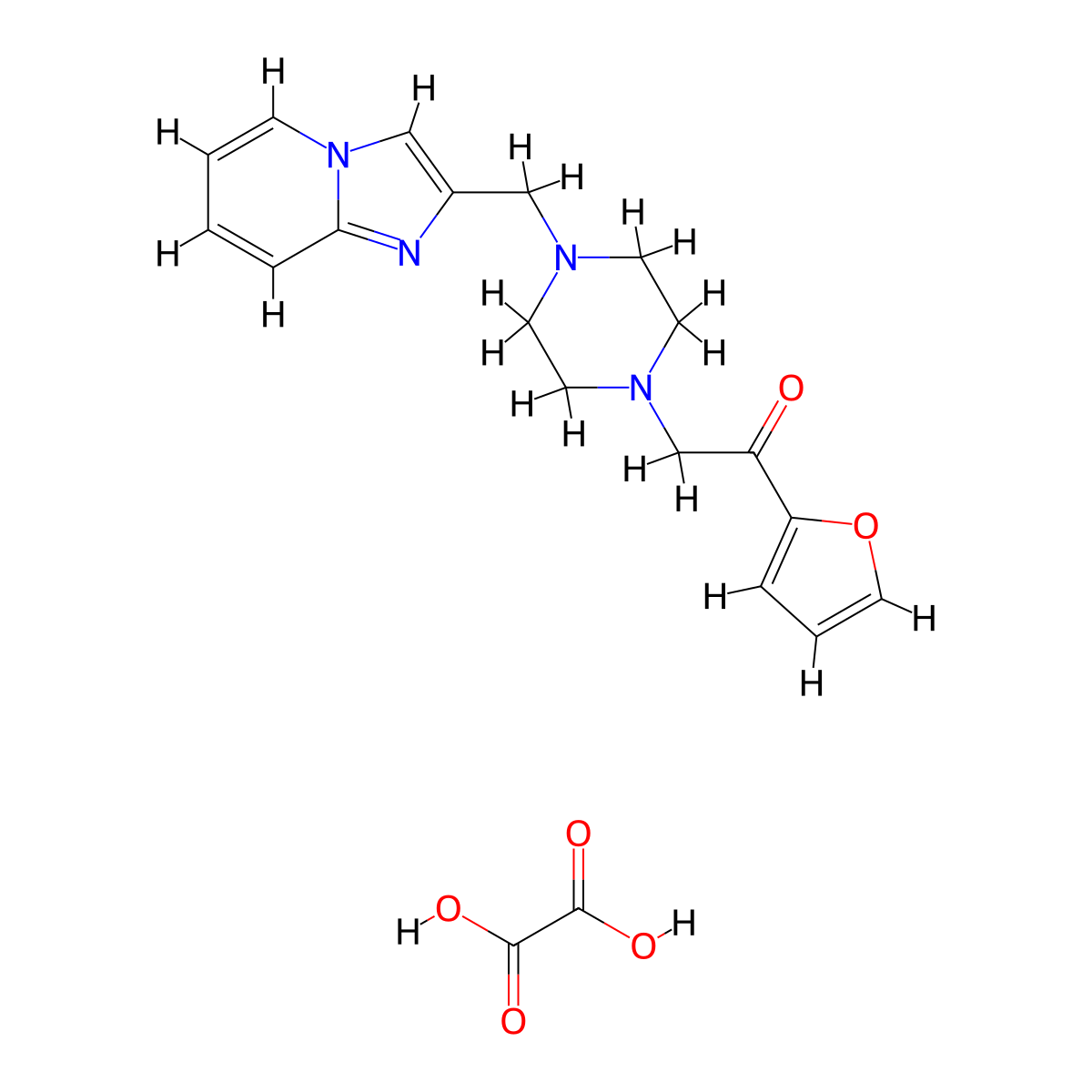 1-(Furan-2-yl)-2-(4-(imidazo[1,2-a]pyridin-2-ylmethyl)piperazin-1-yl)ethanone oxalate molecular structure, CAS 1351634-42-8