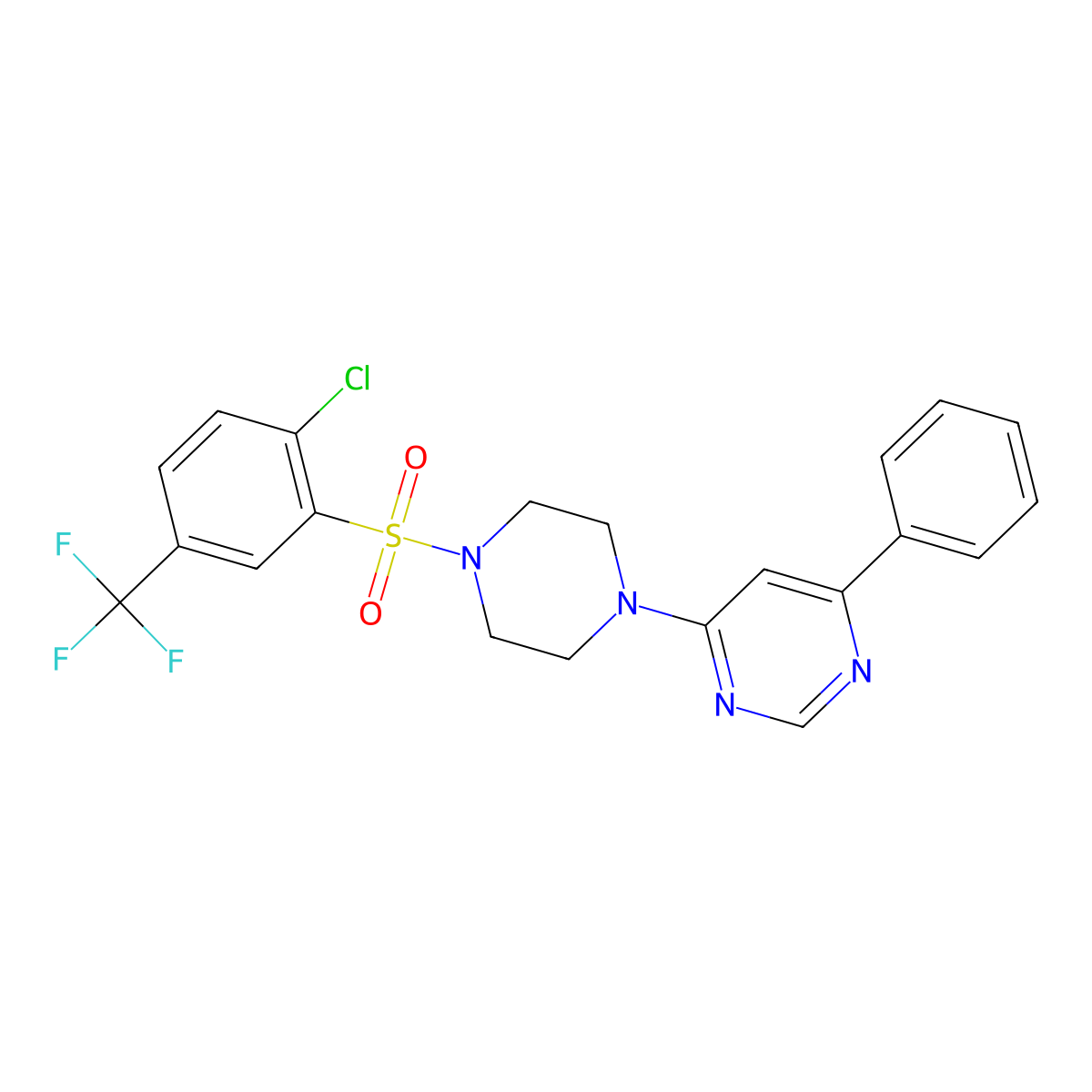 4-(4-((2-Chloro-5-(trifluoromethyl)phenyl)sulfonyl)piperazin-1-yl)-6-phenylpyrimidine molecular structure, CAS 1351634-43-9
