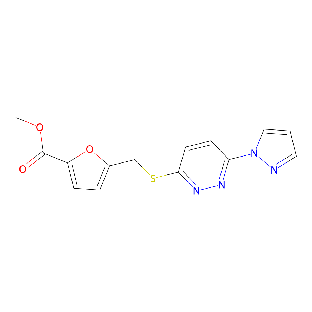 methyl 5-(((6-(1H-pyrazol-1-yl)pyridazin-3-yl)thio)methyl)furan-2-carboxylate molecular structure, CAS 1351634-56-4