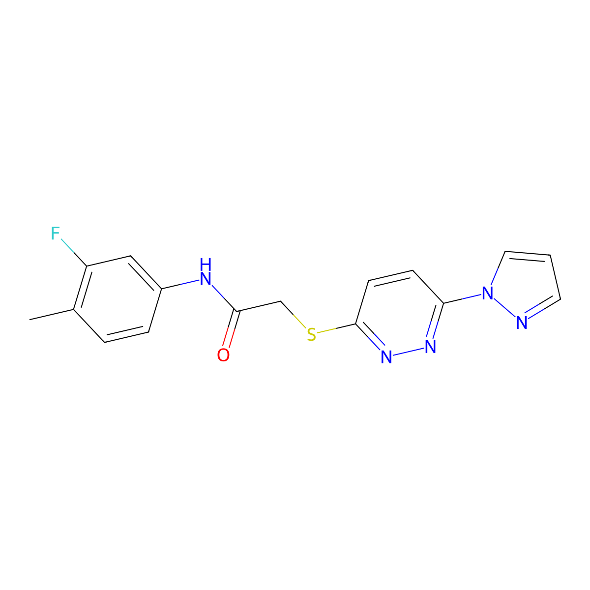2-((6-(1H-pyrazol-1-yl)pyridazin-3-yl)thio)-N-(3-fluoro-4-methylphenyl)acetamide molecular structure, CAS 1351634-66-6