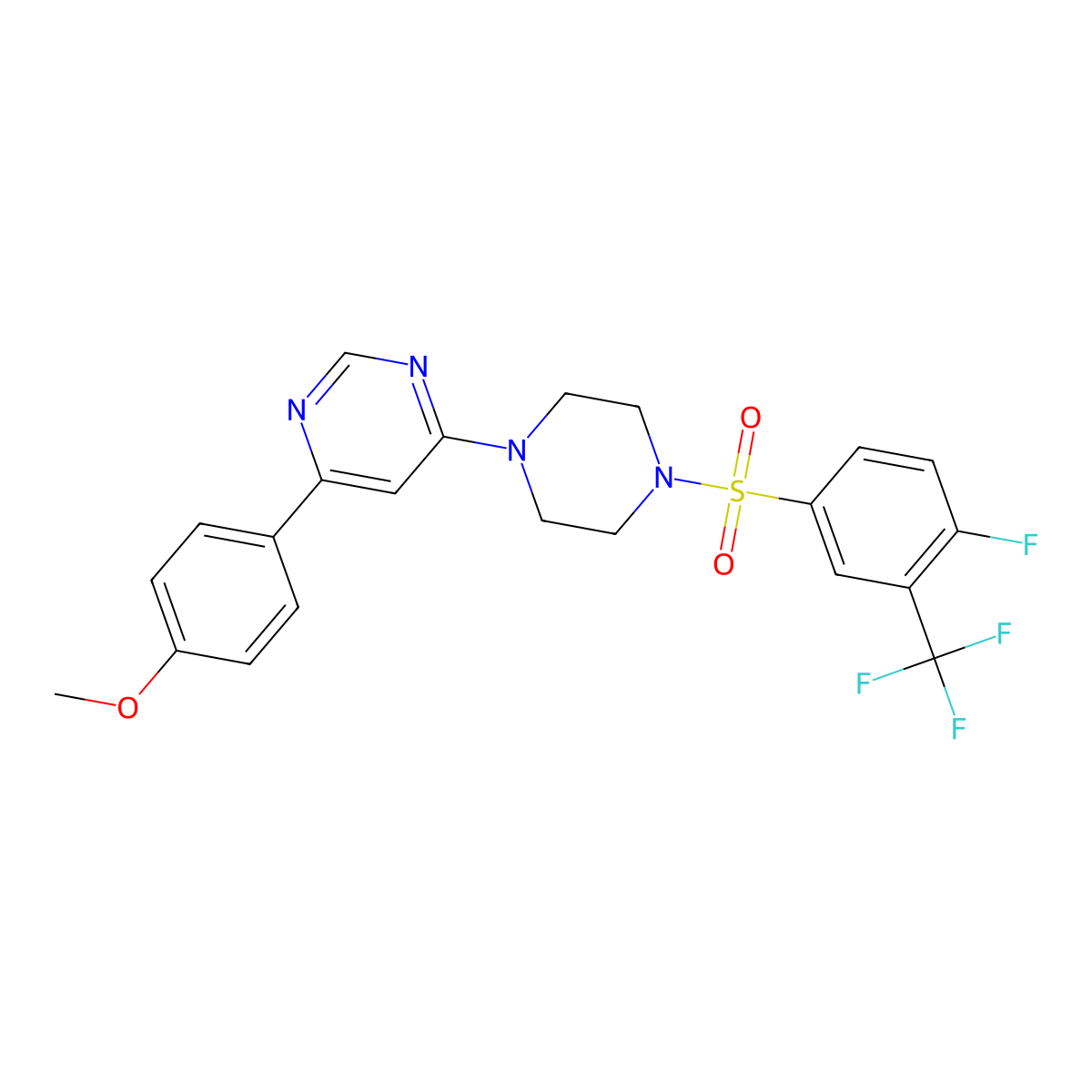 4-(4-((4-Fluoro-3-(trifluoromethyl)phenyl)sulfonyl)piperazin-1-yl)-6-(4-methoxyphenyl)pyrimidine molecular structure, CAS 1351634-78-0