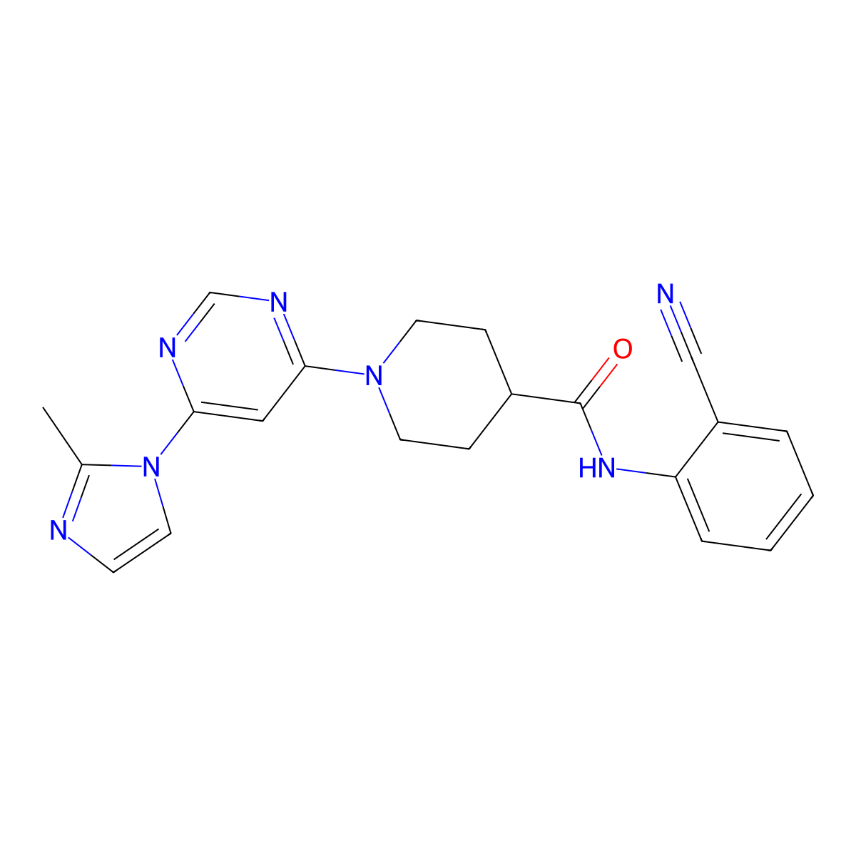 N-(2-cyanophenyl)-1-(6-(2-methyl-1H-imidazol-1-yl)pyrimidin-4-yl)piperidine-4-carboxamide molecular structure, CAS 1351634-85-9