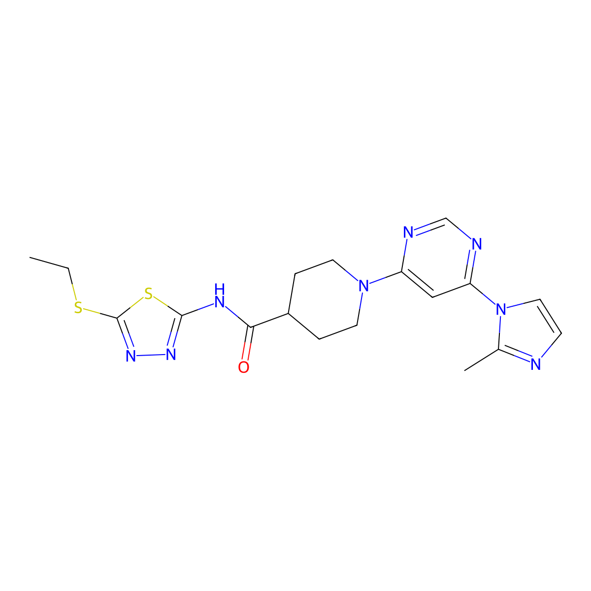 N-(5-(ethylthio)-1,3,4-thiadiazol-2-yl)-1-(6-(2-methyl-1H-imidazol-1-yl)pyrimidin-4-yl)piperidine-4-carboxamide molecular structure, CAS 1351634-93-9