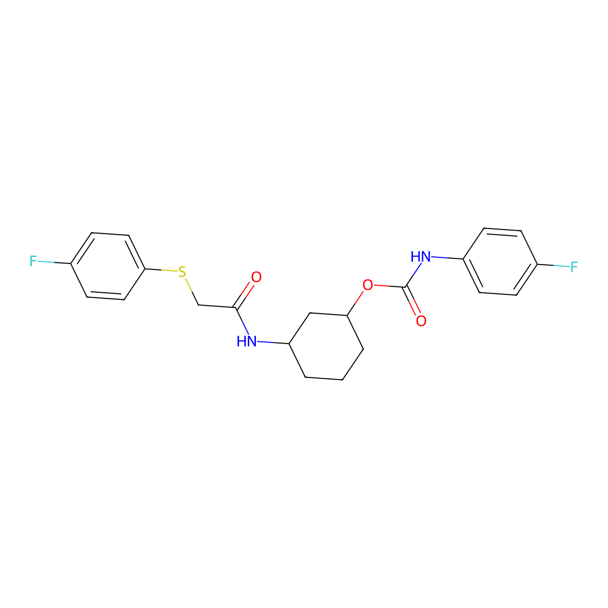 3-(2-((4-Fluorophenyl)thio)acetamido)cyclohexyl (4-fluorophenyl)carbamate molecular structure, CAS 1351634-99-5