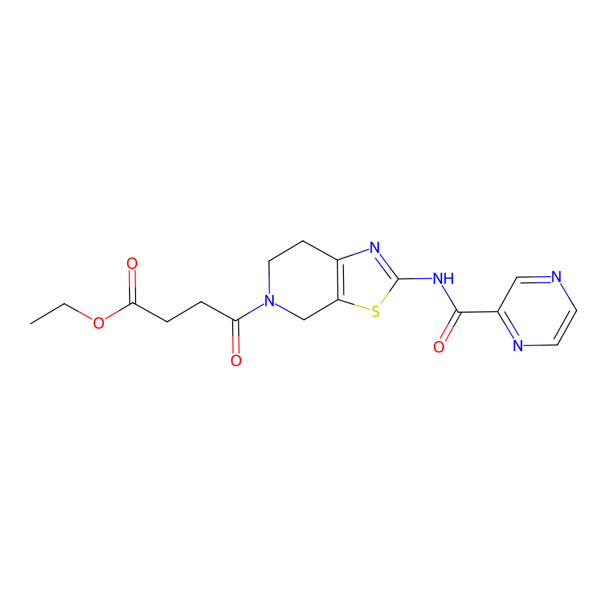 ethyl 4-oxo-4-(2-(pyrazine-2-carboxamido)-6,7-dihydrothiazolo[5,4-c]pyridin-5(4H)-yl)butanoate molecular structure, CAS 1351635-04-5