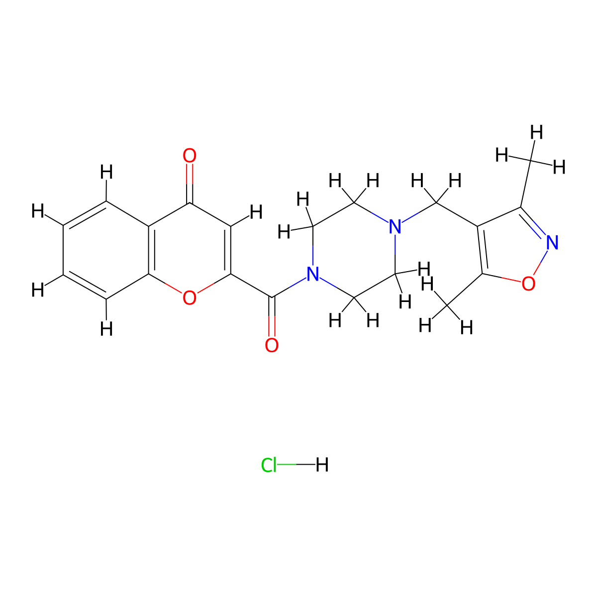 2-(4-((3,5-dimethylisoxazol-4-yl)methyl)piperazine-1-carbonyl)-4H-chromen-4-one hydrochloride molecular structure, CAS 1351635-06-7