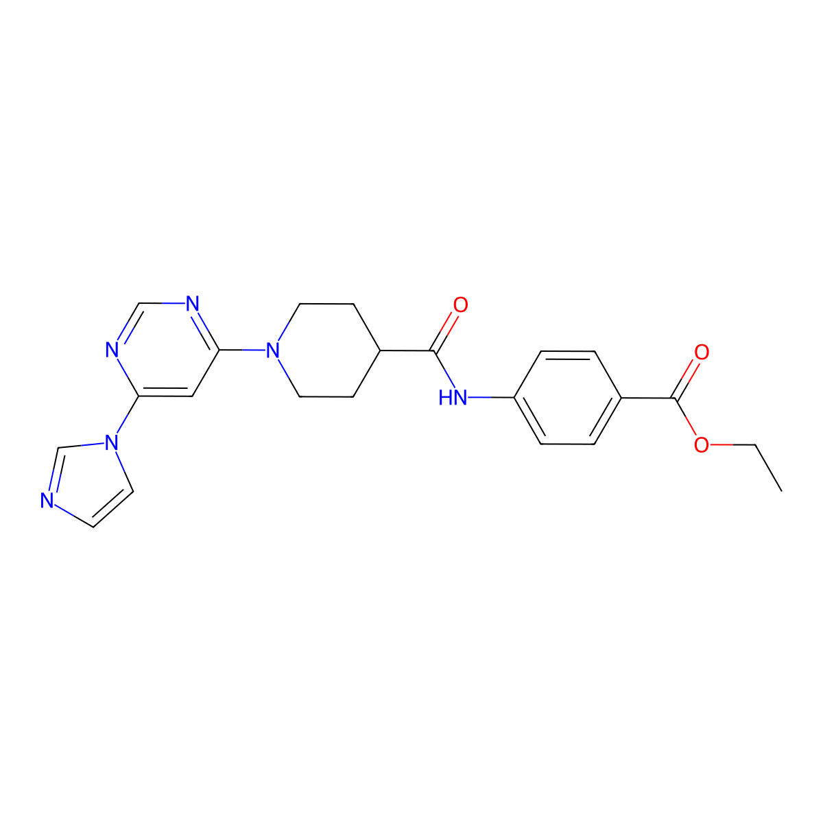 ethyl 4-(1-(6-(1H-imidazol-1-yl)pyrimidin-4-yl)piperidine-4-carboxamido)benzoate molecular structure, CAS 1351635-13-6